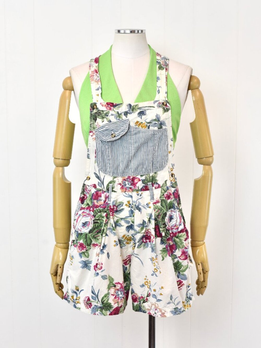 Vintage 1990s Rose Floral Print White Cotton At Last Romper Overalls Shorts